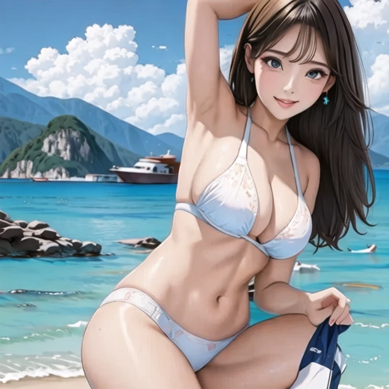 (8ก, Highest quality: 1.3), Extremely detailed, thorough resolution, (realistic, realistic photo: 1.37), Portrait, high definition RAW color photograph, professionally arrested, high definition and beautiful, high definition, 8ก Image wallpaper, Amazing details, Big file size, highly detailed beautiful girl, (ideal ratio body proportions:1.9), Extremely detailed faceexpressive lips, (Finely defined super beautiful big eyes:1.5), The skin has a fine texture., Every feature is meticulously displayed., The fingers were neatly outlined., The nose has a precise shape., expressive lips, perfect anatomy, (detailed beach,crowd, background, background is not blurred:1.6),one story, Twenty generations, cute girl, realistic、 (front view:1.4),(face focus:1.3),perfect breasts,round breasts,(flat chest:1.5),(Looking at Viewer:1.5), perfect ass, cute face, sexy face, sexy body,( very skinny body:1.6),sexy pose, red blush, glamorous body, young adult, (extra curly hair, long curly silver hair, extra large hair, extra curly hair, loose hair:1.4), hair accesories, earrings, pendant, necklace, bracelet, stockings, (gravure pose:1.5), (ultra detailed bondage:1.4),nsfw, (open mouth:1.3),(coverd pointy nipple:1.2),(hetero,sheer loose white bikini,pubic hair:1.5),