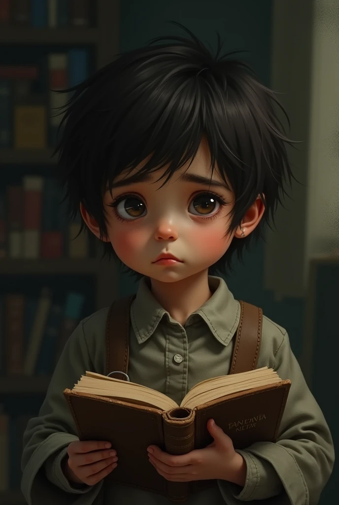 menino, 8 anos, feliz, cabelos negros, olhos castanhos, alegres e marcantes, lendo um livro, com um computador perto estilo cartoon, estilo personagens Disney, Imagem de melhor qualidade