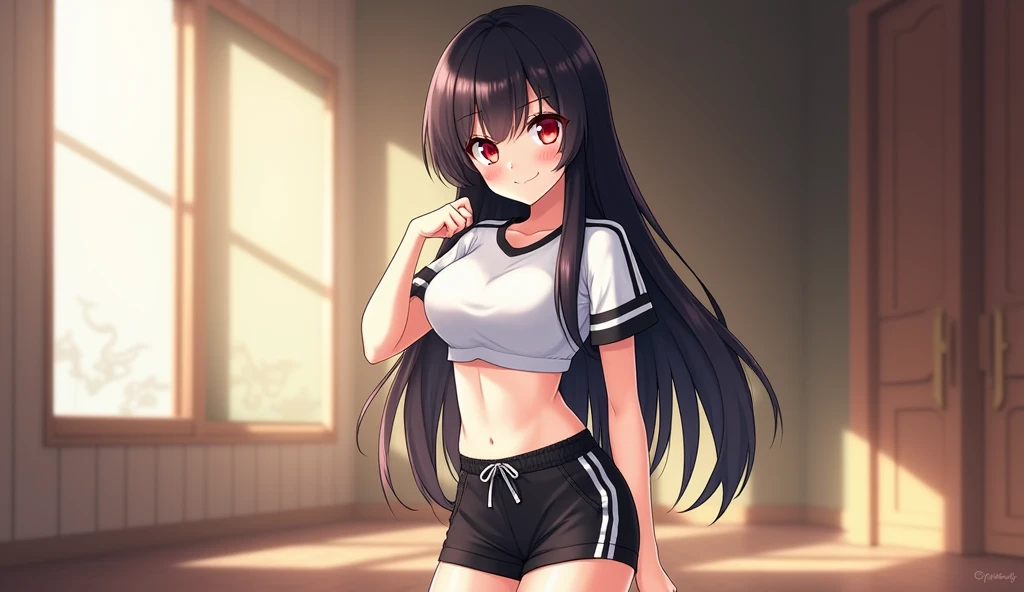 Hot anime girl wearing volley ball short and shirt hook sitting big hips