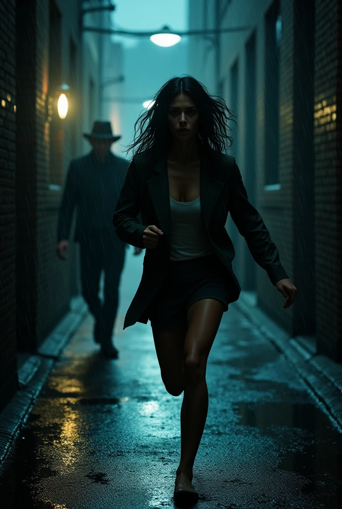 Film Noir Art Style: The femme fatale Evelyn is mid-sprint across the rooftop, her dress clinging to her form, wide-brimmed hat casting mysterious shadows over her face. Detective John is in full pursuit, trench coat billowing as he chases her, fedora tilted, obscuring his sharp blue eyes. The rain intensifies, droplets bouncing off surfaces, while the city's neon glow paints the scene with vibrant yet moody hues. The distance between them narrows, tension palpable in the air.