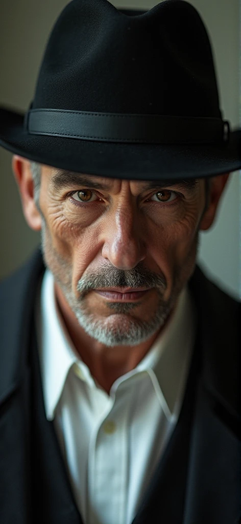 Brown-eyed man , white shirt black cap and cold smile