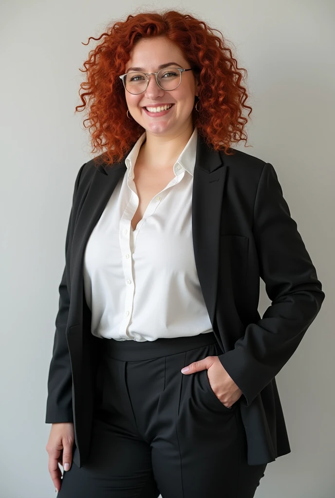 Now create a woman, chubby com uns 43 anos, who has a mother's face, curly hair. She must be in an office, in normal startup clothes, the photo must be diagonal. must be very realistic. Brazilian, chubby, brave face, half blonde with glasses and tattoo on shoulder. She must have a serious face. The fund must be from a start up.