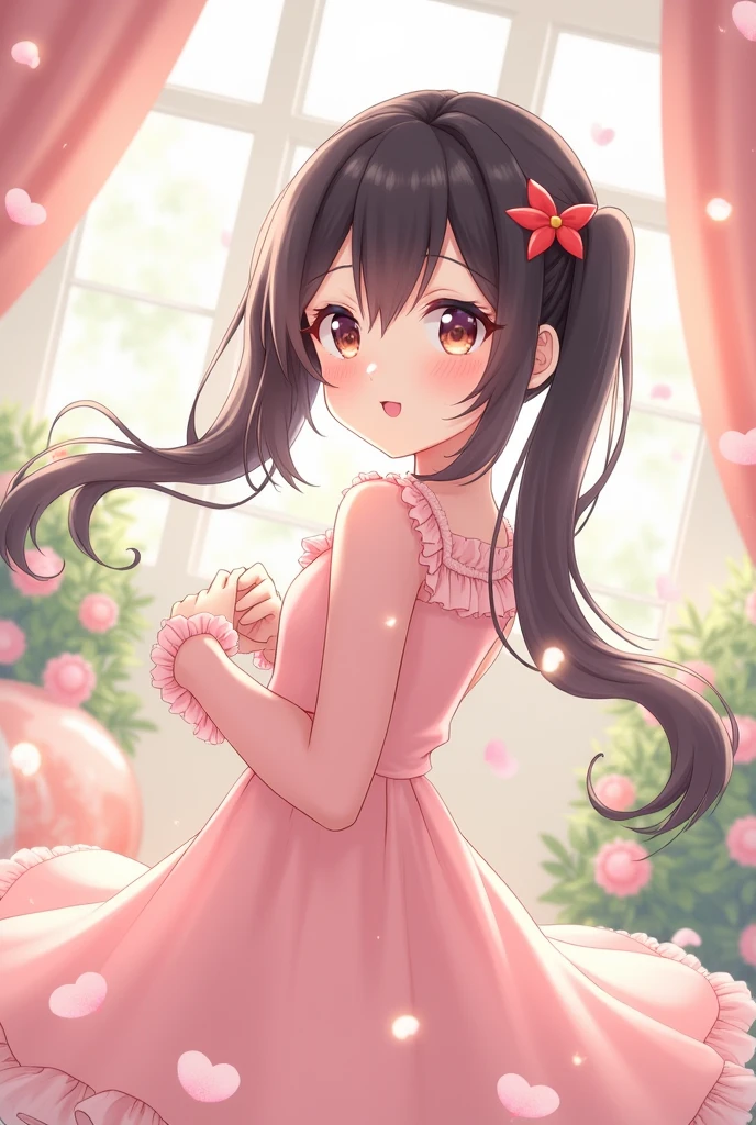 A girl,,Black Hair,Double tail,Small skirt,cute,masterpiece,happy