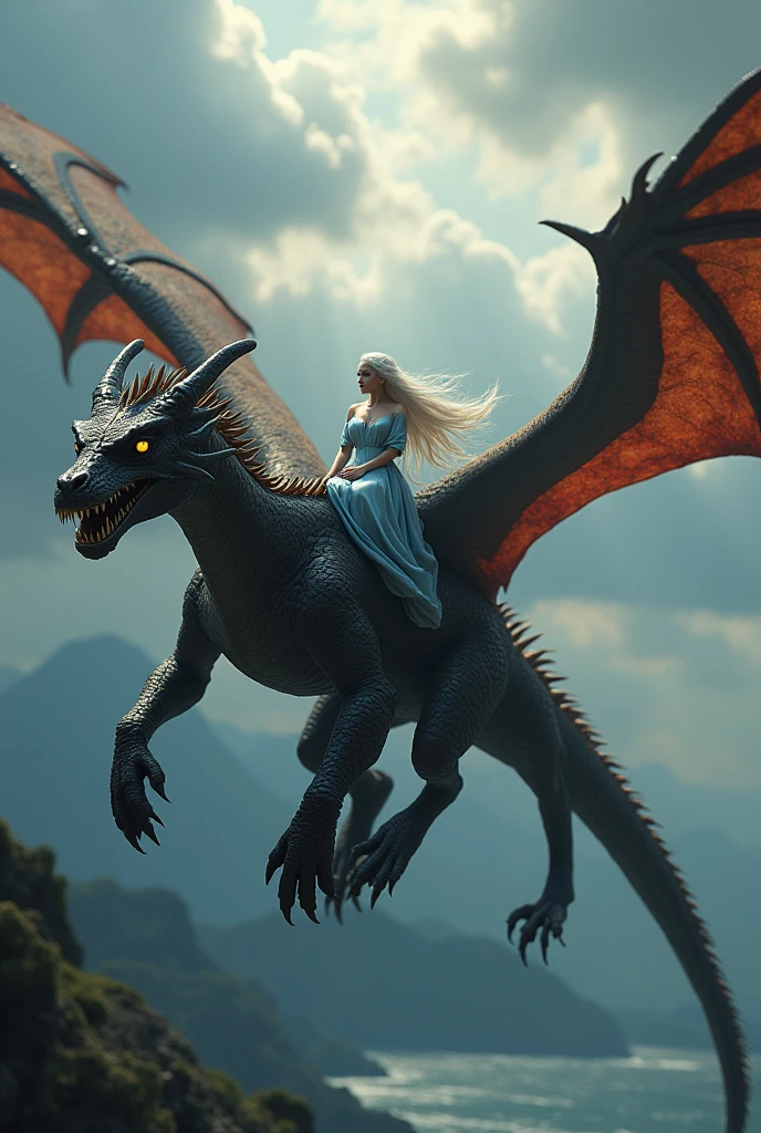 (Best Quality, Masterpiece: 1.1), (Realistic: 1.4), Beautiful girl is riding on the dragon, flying in the sky, god ray ,teen, silver short hair, blue eyes, over the forest, fractal art, fire