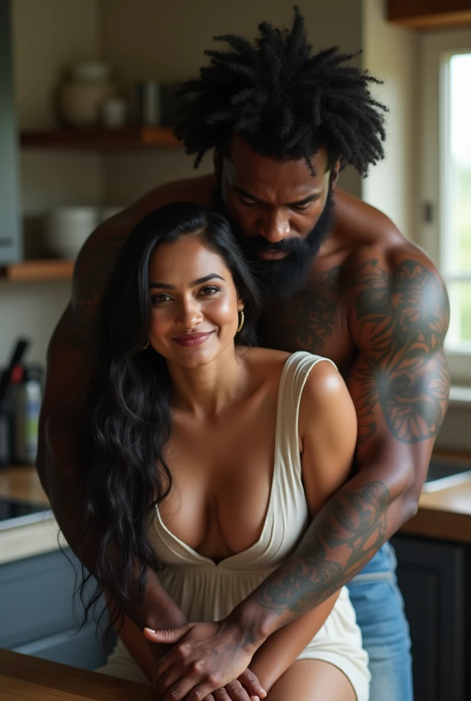 Sexy couple making love in kitchen (( 1 man and 1 busty woman )) dinner table, wearing apparel