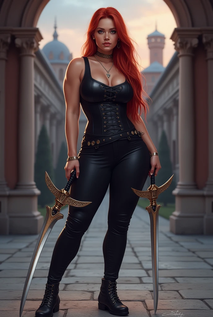 grimdark fantasy, a 2 girl with long spiky red hair and round face with green eyes and strong body with wide hips and big breasts and wearing a tight white t-shirt with cleavage and tight white trousers and short white boots and a white cloak with a greatsword at her back standing in a tavern, Mogudan in flesh