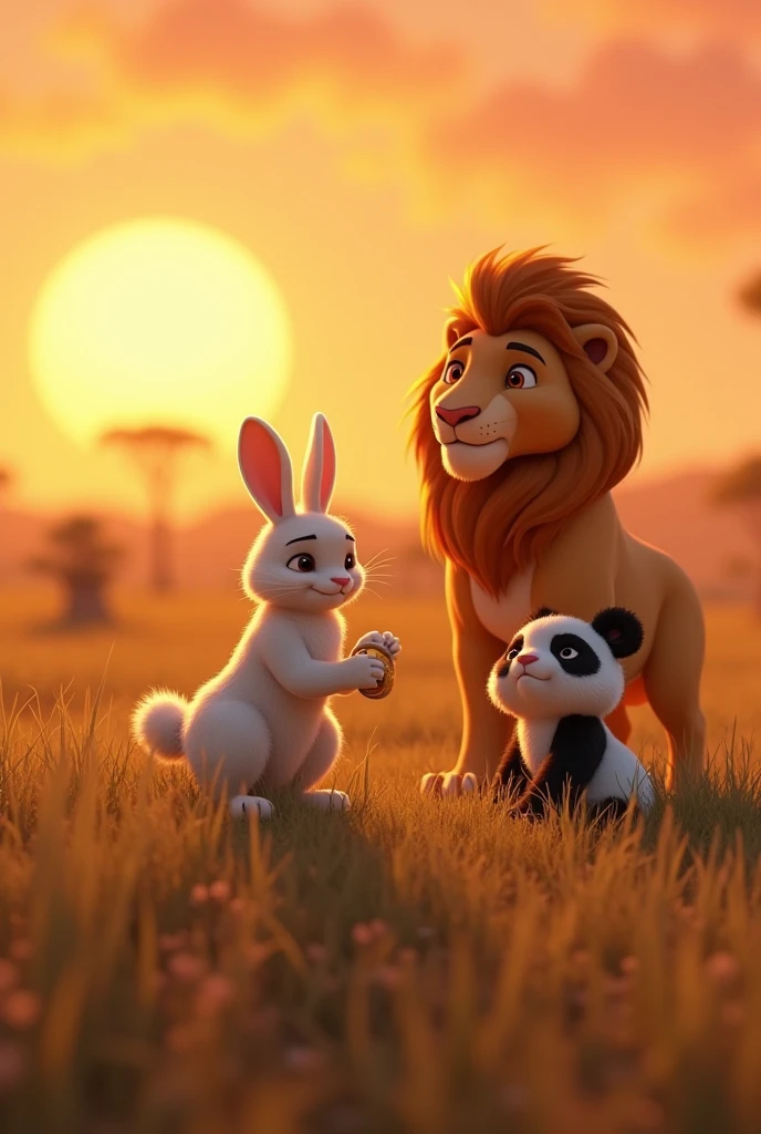 a panda, a duck hugging and a lion holding a broken golden heart with a bandage, At the sunset