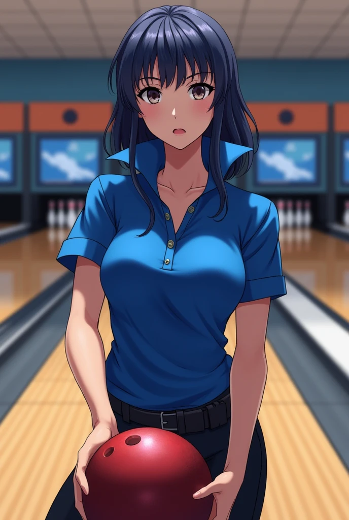 (masterpiece),( best quality),(  Very detailed),(  best shadow ),(  detailed background ),( Very Beautiful ), Official style, Hiori Kazano,  ponytail,  black hair ,  small breasts,  cleavage, (Short neck), ( red cheeks :1.2), ( black dress ), ( Mini Skirt), (play bowling:1.2), (show off panties:1.1), ( Sexy Poses ), (Bowling alley:1.3), (cowboy shot), (from back),  real skin 