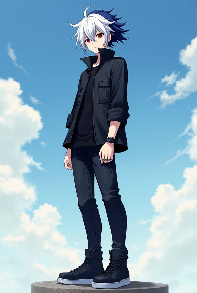Male ager ,solo, black shirt with high collar, black undershirt, black jean pants, black sneakers, white and dark blue navy hair, red eyes, standing, day, stoic look, masterpiece, best quality, black wrist bands, silvers rings fingers, anime style