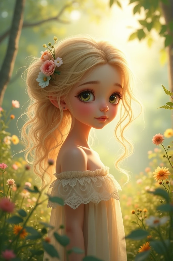 Blonde hair, green eyes, teenager, cute, flower, flower crown, lace dress, surrounded by flowers, sparkles in the background, high resolution, blowing in the wind