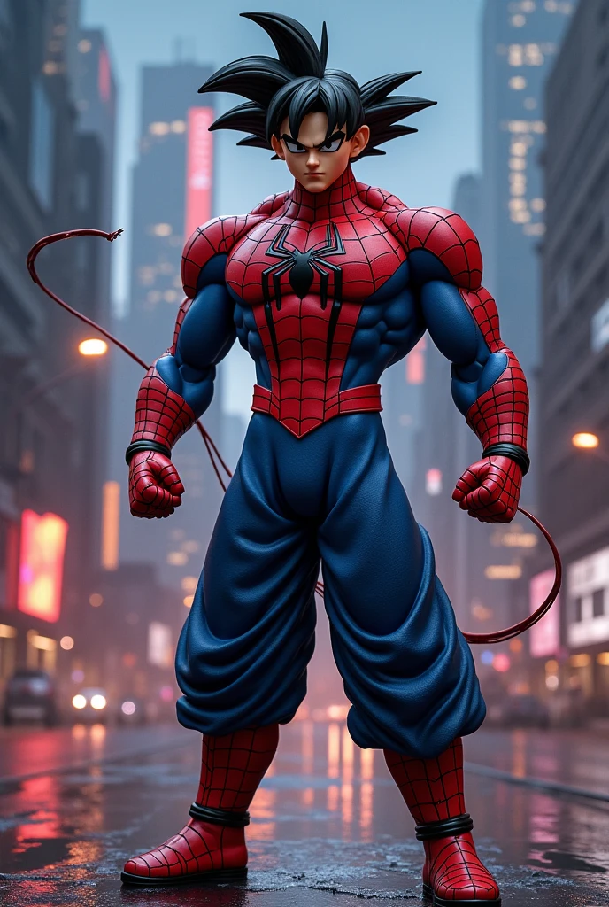 Full body, Goku fused with Spider-Man transformed into Super Saiyan 2, mixed clothes, red hair, no mask, muscular body, red eyes, Ki aura around the body concentrated furiously, wet body and clothes, in a destroyed city raining a lot., Hyperrealism, Art Nouveau, speed lines, reflection light, 16k, highres, best quality, anatomically correct