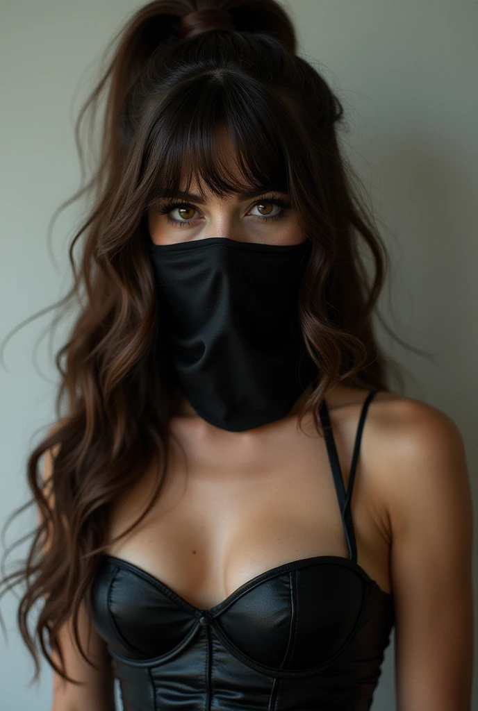 fotografia de uma mulher perfeita com tatuagens, completamente pelada, com os peitos, balaclava on head, olhos verdes, os cabelos loiros saem por traz da balaclava, com fundo preto