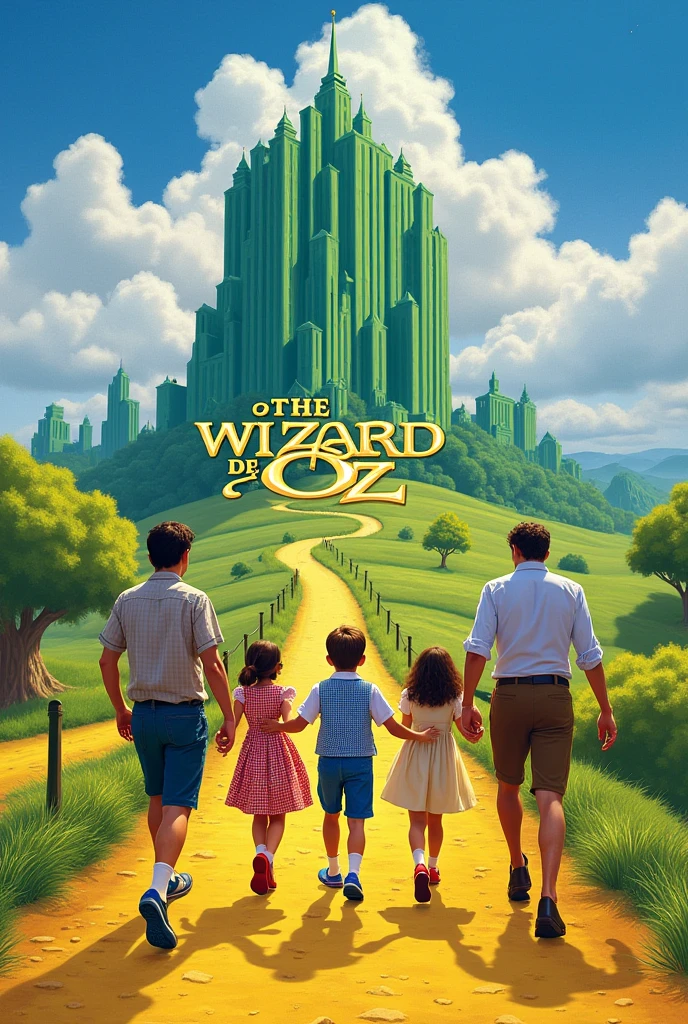 Make the poster in Portuguese for the DVD of the movie : " The Wizard of Oz " Make a boy with black hair blue shirt blue shorts with Ruby shoes . faça ele de mãos dadas com o Espantalho o homem de lata e o leão covarde faça eles caminhando Por uma estrada de tijolos amarelos faça atrás deles uma cidade feita de Esmeralda faça na palavra Oz um cachorro branco com manchas marrons bem no meio da letra O faça a palavra The Wizard of Oz em Amarelo. Cover