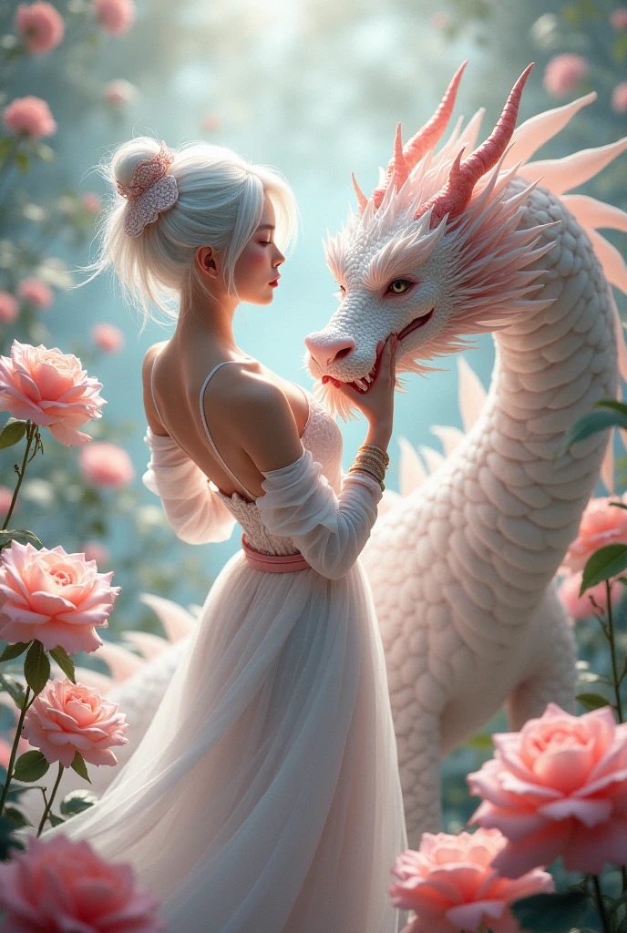 A woman, big breasts, in a blue and white dress with flowers in her white hair, hanfu, palace, girl in hanfu, blue hanfu, white hanfu, wearing ancient Chinese costume, cherry blossom tree, cherry blossom flower petals in wind, reaches up to ((white, pink, gold dragon)) chinese dragon, giant dragon, powerful and elegant ((beautiful fantasy queen)), ancient Chinese princess, Chinese style, traditional Chinese clothing, ancient Chinese clothing, beautiful fantasy queen, Chinese princess, traditional beauty, mystical, enchanting.