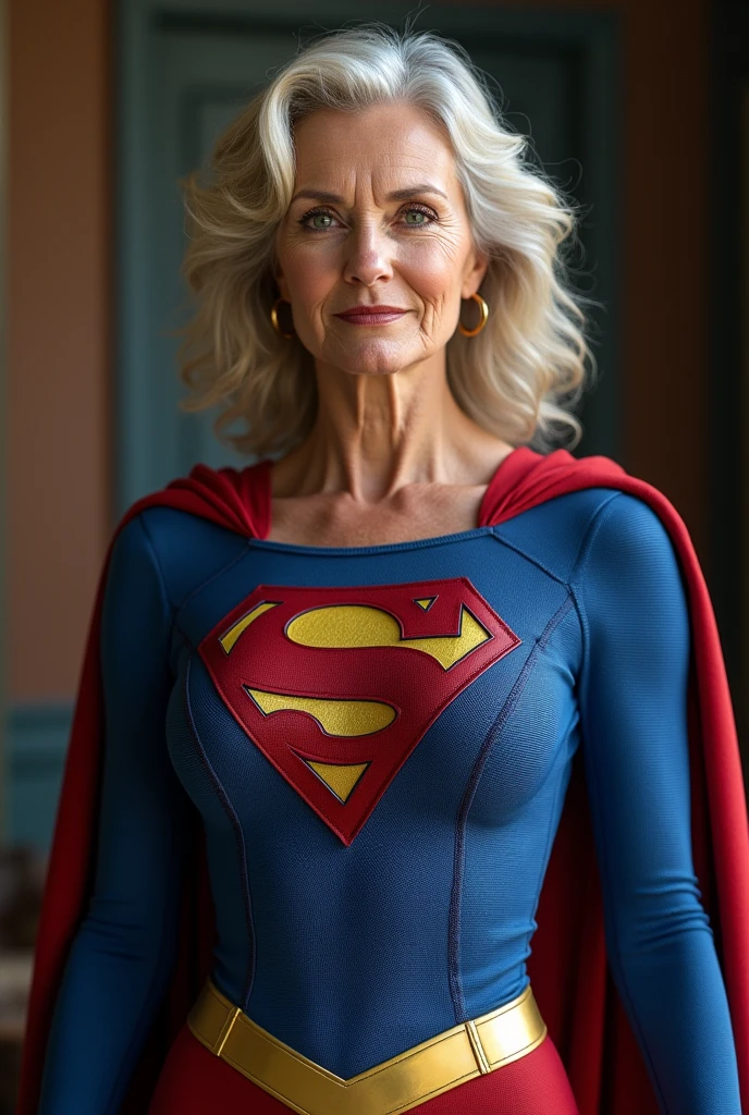 Old Supergirl Julie Hagerty(((very sexy, beautiful and strong old Supergirl (((1984s Supergirl movie costume))); Julie Hagerty))) Super old woman Julie Hagerty; full body view; full body; stretched in the air, confident, powerful, indestructible, attractive, sentada em um sofá