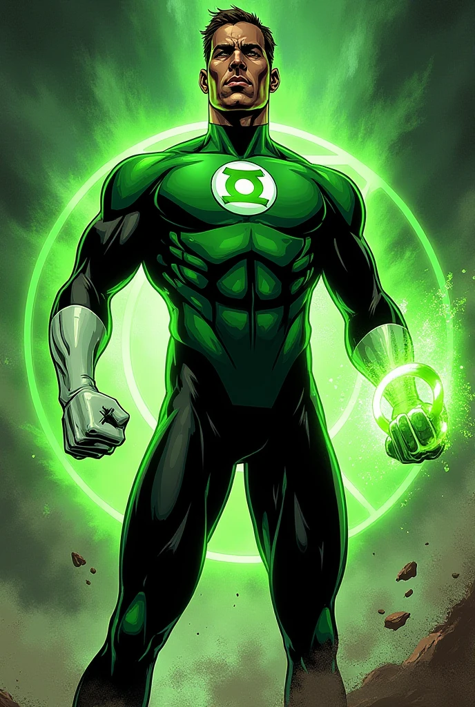 Generate an image of the Green Lantern with a new custom suit. Make sure his suit includes primary green with a secondary color being black, and some white highlights.