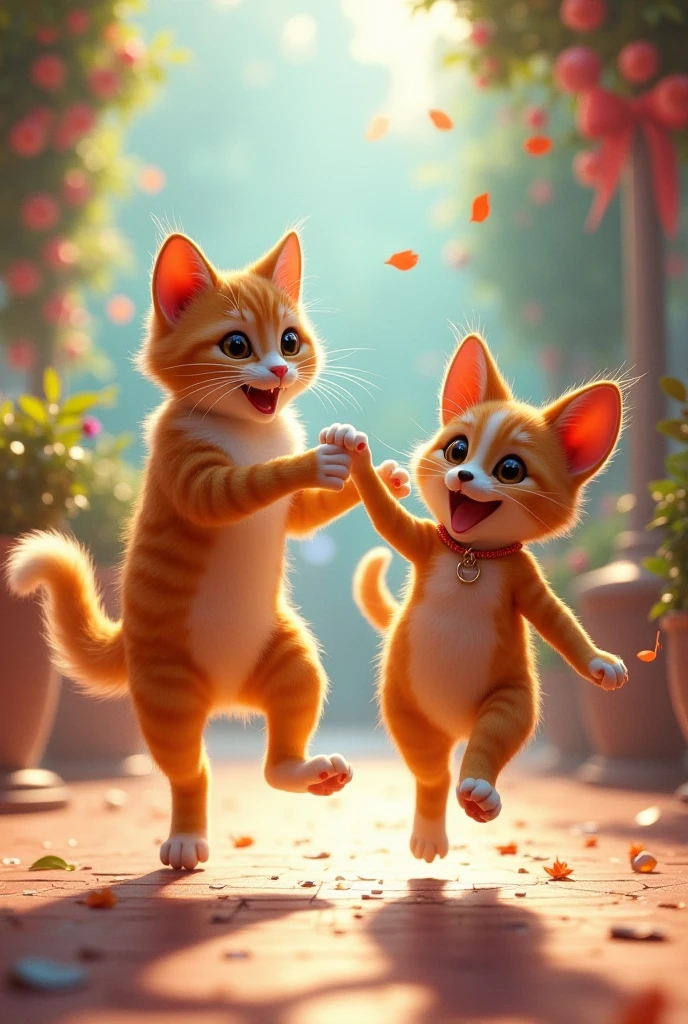 The orange cat and dog playing together in a colorful garden, with the orange cat leaping from a tree branch and the dog playfully chasing after her.