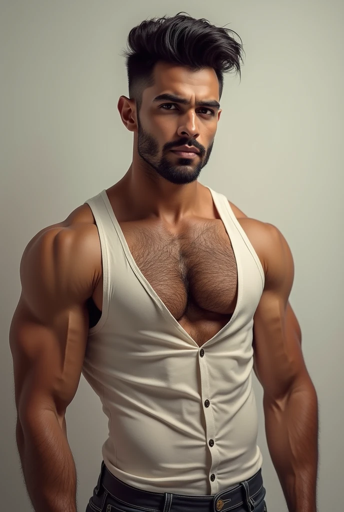 Male Character, Alpha, Arab Guy, Short Beard, Sharp Jawline, Intense Eyes, Muscular Body, Standing, Photographic Image, Candid, Beige Colour Color Shirt, Unbuttoned Shirt Revealing Body.