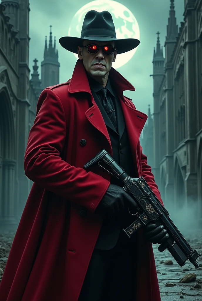 A tall, menacing vampire clad in a long crimson trench coat stands in the center of a dark, gothic battlefield. His wide-brimmed hat casts shadows over his sharp, confident smirk, while his round, reflective glasses gleam ominously under the pale light of a full moon. His glowing, blood-red eyes pierce through the darkness, radiating an aura of power and mystery. In his gloved hands, he wields an oversized, intricately detailed handgun with engraved symbols that hint at its supernatural origin. The setting features a crumbling gothic cathedral in the background, surrounded by shattered cobblestones and swirling mist. The atmosphere is tense, dramatic, and saturated with sharp contrasts between light and shadow, emphasizing his commanding presence in a scene filled with horror and gothic grandeur.