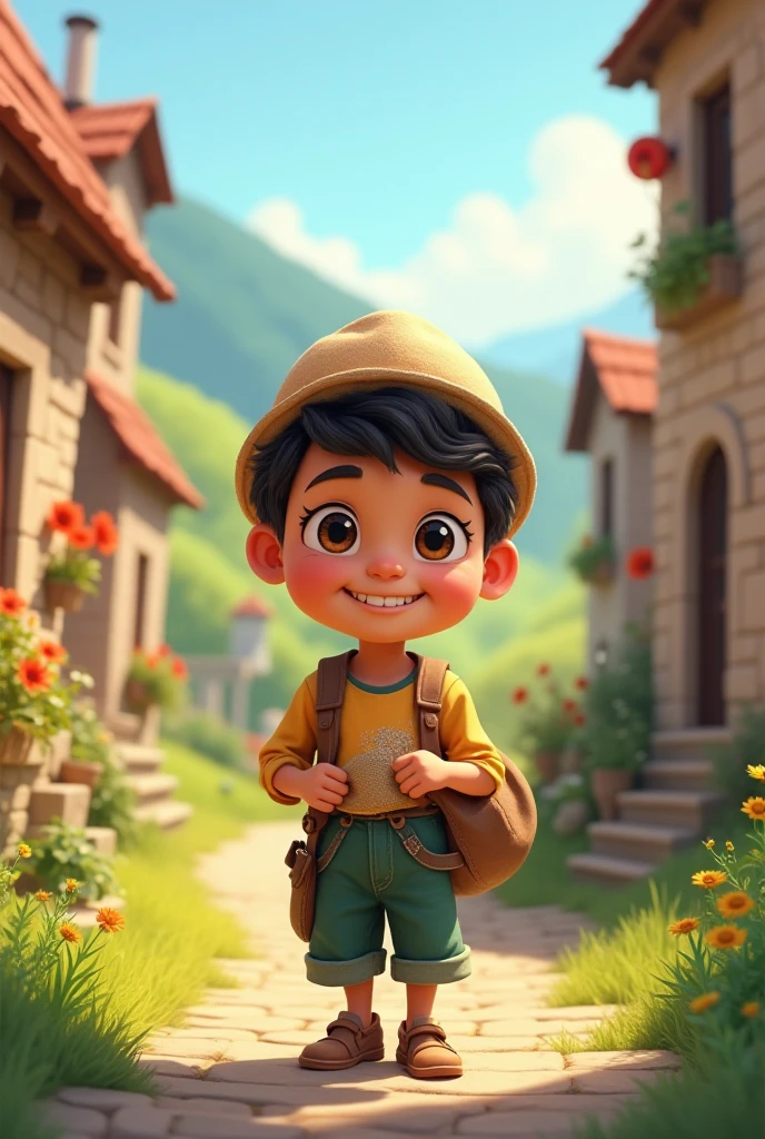 Young Boy in village ai 3d cartoon type realistic image
