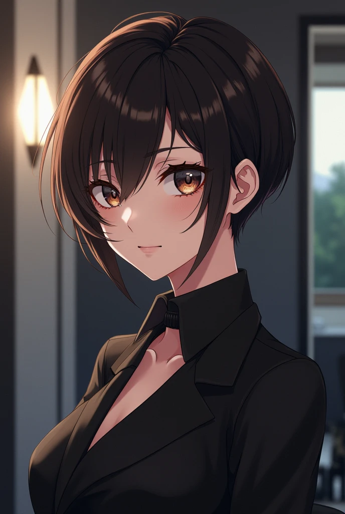 9best quality) suzune horikita from classroom of the elite with a super badass sleek bold ultra short pixie haircut in a hair salon, smiling