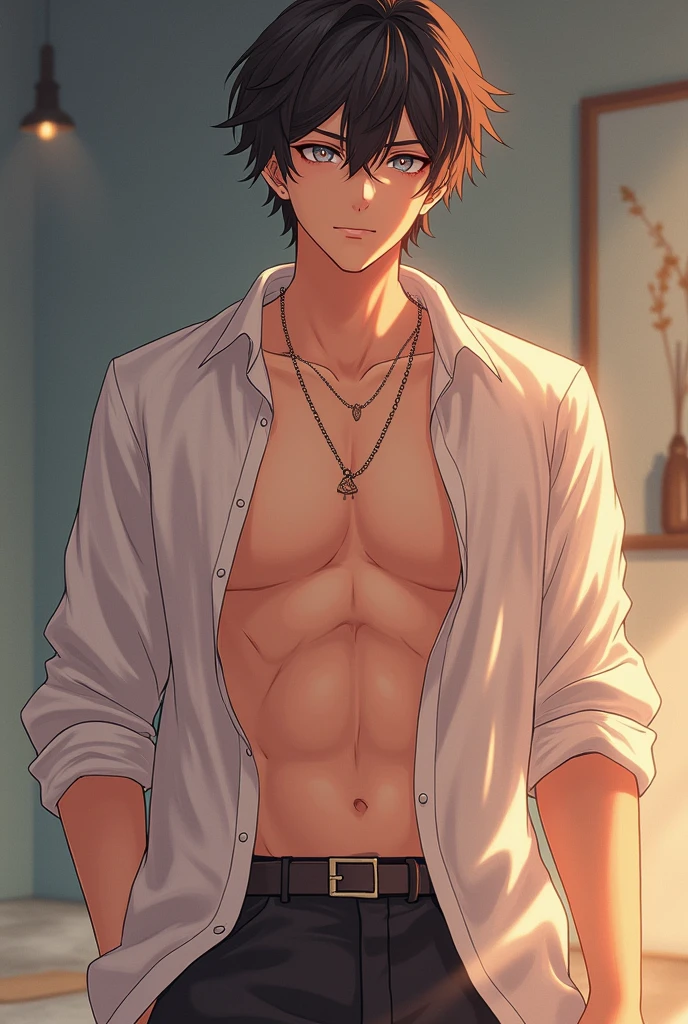a 20 year old boy with long brown hair he is shirtless