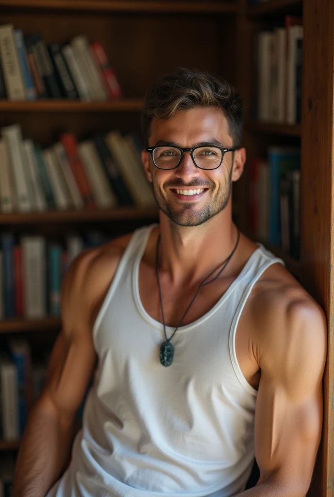 best quality, masterpiece, extremely detailed, 25 year old man, wearing glasses, innocent round face with soft features, muscular bodybuilder, gentle smile, fitted clothes, quartz crystal pendant, leaning against bookshelf, in library, afterhours, at night, very dim lighting, dark cinematic shadows, dreamy atmosphere, perfect face, perfect hands, perfection