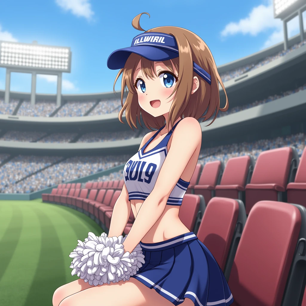 1girl in,cheer girl,Background,(4+Boys:1.5),masuter piece,Best Quality,High resolution,Ulta High Definition,of the highest quality,Very detailed,Professional Lighting,of the highest quality,spectator seats,Packed auditorium,Forehead,(((Bright and bright smile))),Ponytail,By the stairs,(((Pom-poms used for cheerleading),(Baseball Stadium))),at noon,Cap,Forehead,photographer,(((Watching Baseball)))