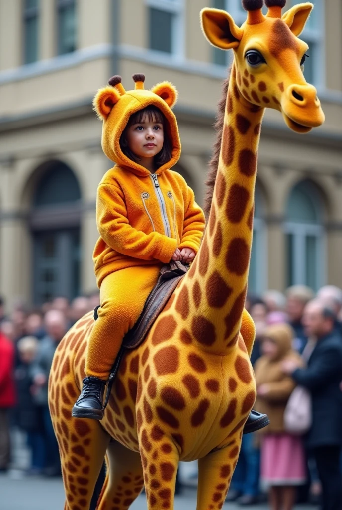 This photo realistically depicts a scene of a small baby wearing giraffe-patterned overalls and bright orange shoes standing in front of a fence. A large giraffe leans over the fence and holds the baby's head in his mouth, while the baby looks up with a happy expression. The setting is a zoo or wildlife park on a sunny day, with clear blue skies and grassy areas.