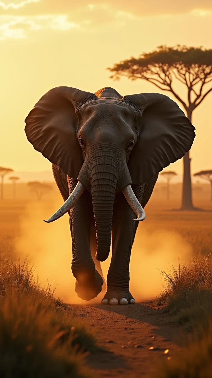 man, An African elephant walking slowly across the savanna during dusk , with golden light illuminating its towering prey and the dust raised around it.