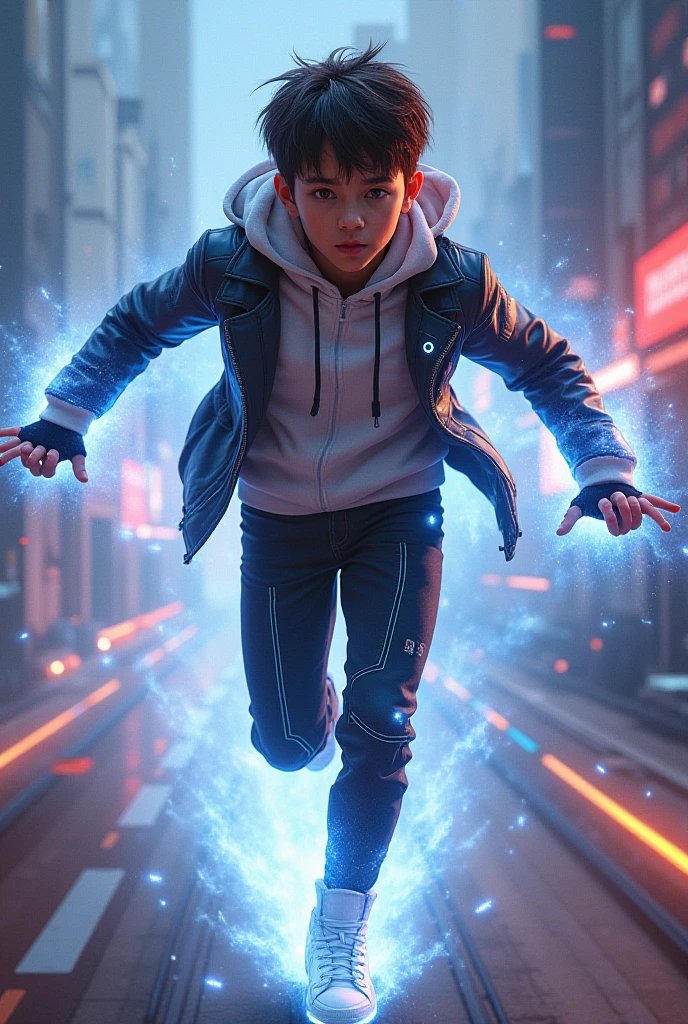 A boy Flying with electricity around him glowing and tech gadgets floting around him