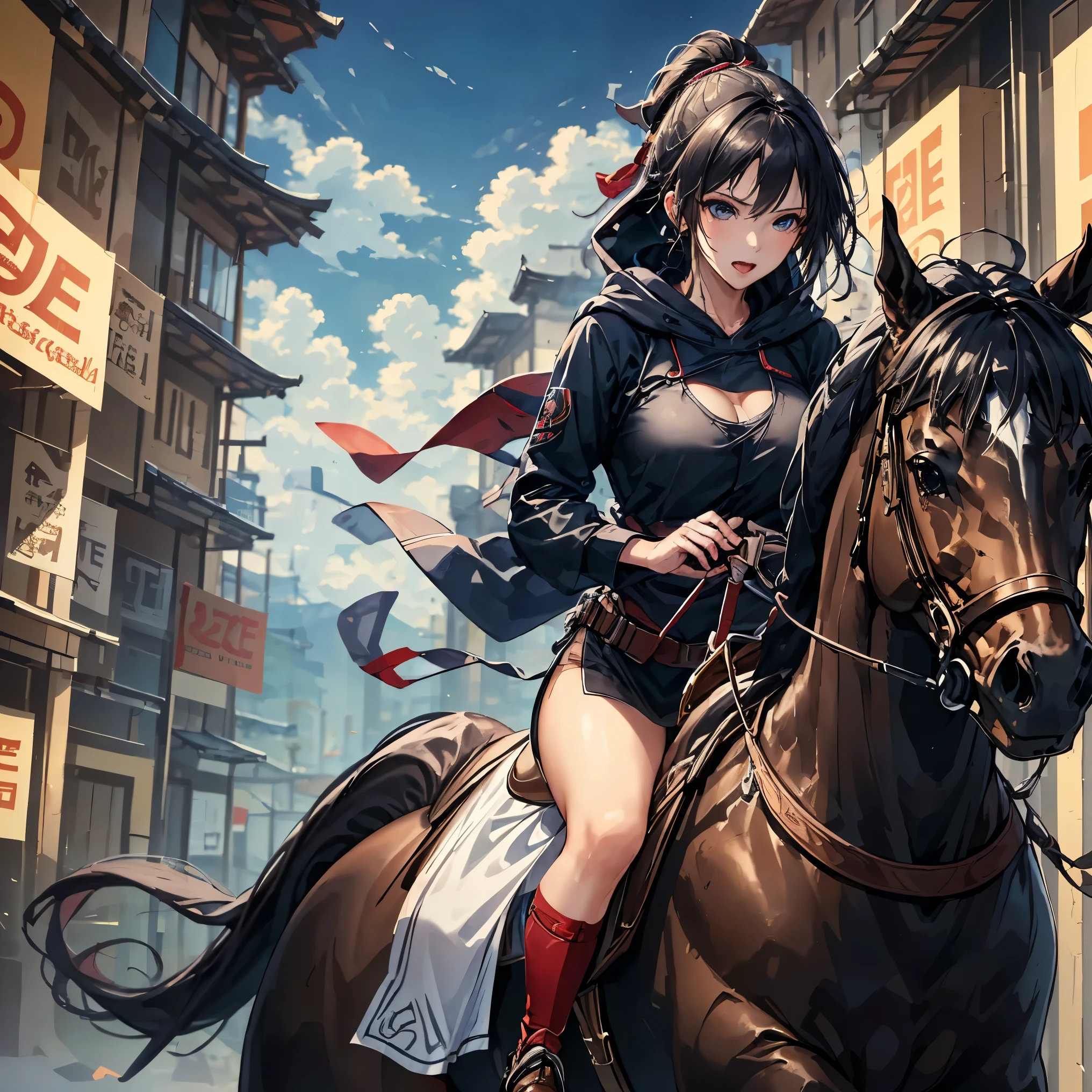 (masterpiece, best quality:1.2),          1girl         , alone,（masterpiece）， （best quality）， 8k resolution， Super detailed， photoalestic， photo，         realistic        、 hood friend、break,(((She is riding a horse)))、She has a strong orgasm、、 incontinence、 drug pickles、 thin pubic hair、extreme close-up shot