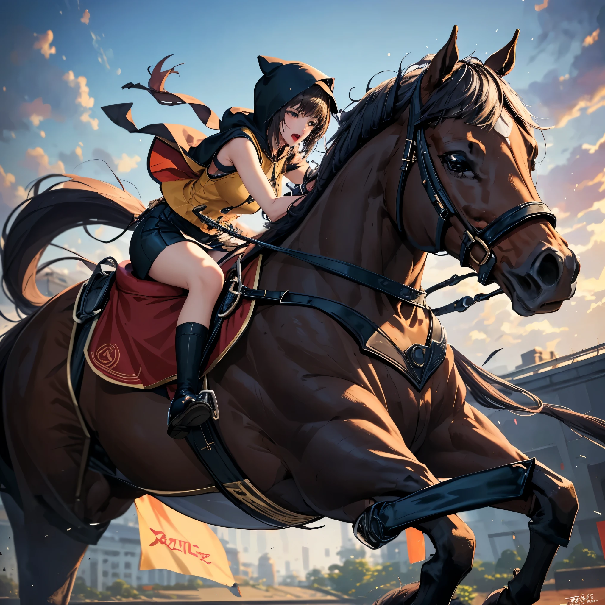 (masterpiece, best quality:1.2), 1girl , alone,(masterpiece), (best quality), 8k resolution, Super detailed, photoalestic, photo, realistic 、 hood friend、break,(((She is riding a horse)))、She has a strong orgasm、、 incontinence、 drug pickles、 thin pubic hair、extreme close-up shot