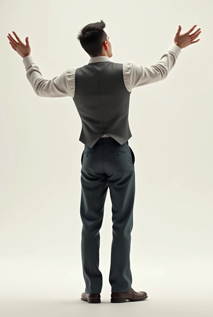 A boy age 30 with normal height and fit kneeling down and praising god by raising hands in back pose in coat and pants on a rainy day
