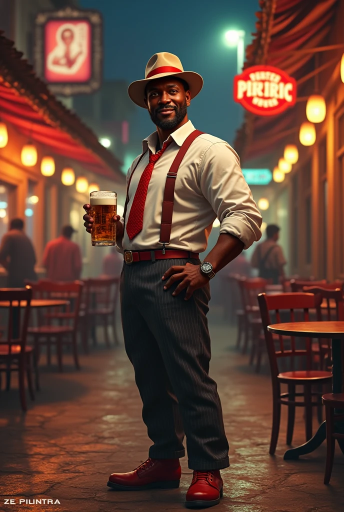 Black man, white suit, red tie, white hat, glass beer in hand, bars, night, moon, (pixar style) (masterpiece:1.2) (bokeh) (great quality) (detailed skin) (detailed texture) (8k) (claymation) (cinematic lighting) (sharp focus)