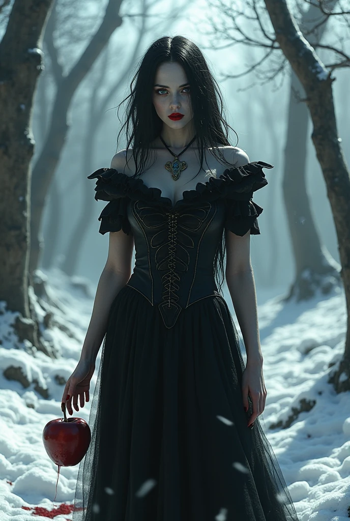 (masterpiece, photorealistic:1.4, extremely intricate:1.6), (photon mapping, radiosity, physically based rendering, ultra resolution, hyper-realistic, photorealistic:1.4, hyper-realistic, 8K, dtx), ((fourteen years old [model:goth:0.5], (teenage girl, ((organza lace black long dress, lace gloves), wind, windy), red cloak, filigree, etched, long straight [glossblack hair:purple hair:0.6], [large breasts:medium breasts:0.6], [blue eyes:green eyes:0.9]), [from below:side view:0.3], dynamic fighting action pose)), Fantasy, (metal reflections), BREAK, (((she stands on a barren snowcovered mountainside, in a ((snowstorm, sunrise, flurries), arms raised, powerful, smirking, (bokeh)))))