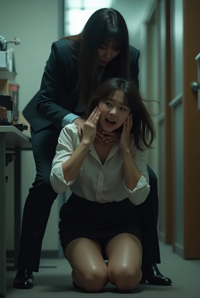 Secretary girl is grabbed from behind and strangled until she crouches ...