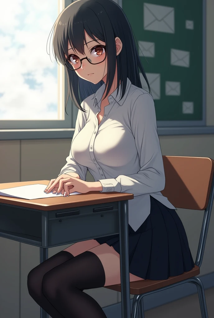 In the classroom, a teacher wearing gold wire glasses, black hair, bige breasts, small waist, sexy body, sitting on a desk, skirt, woolen crop top