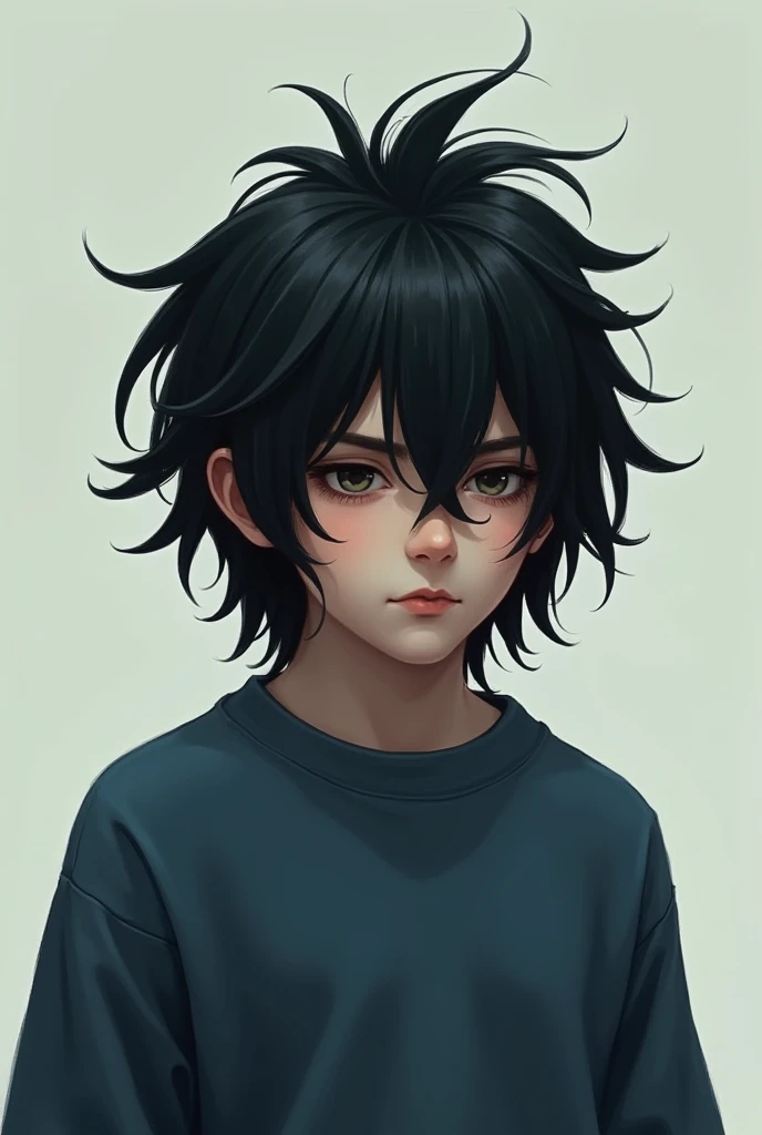  Boy with long pagoda hair, dull eyes ,  with dark blue sweatshirt 