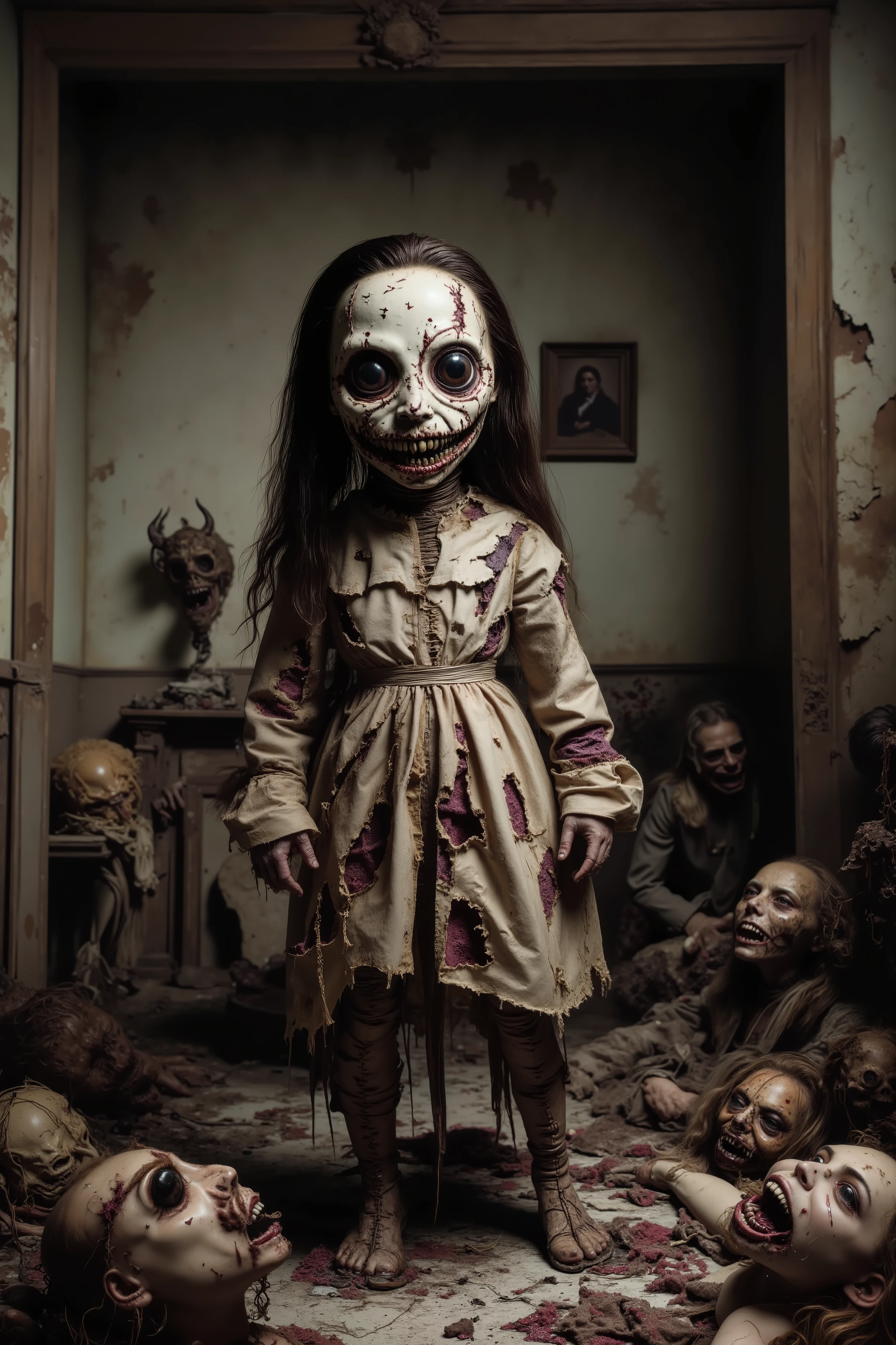 Old lonely bedroom. Walls falling apart. Filthy run down room with toys. One large sad, creepy, morbid, disgusting rag of a doll sitting in a chair. Patches of dark hair on it's head. Torn, dirty fabric, coming apart at the seams. Terrified smaller stuffed animals look around with fear. Startling scene. Horrific evil doll with devil eyes. Sad scene.Macabre. Demonic, creepy doll. Iconic images. Depressing scenes. Photo-realistic, ultra-detailed, realism, portrait photography,cinematic portrait, cinematic photography, UHDR, full focus, highest quality, cinematic lighting, attention to detail,optical illusions, unique, cinematography, best quality, masterpiece.