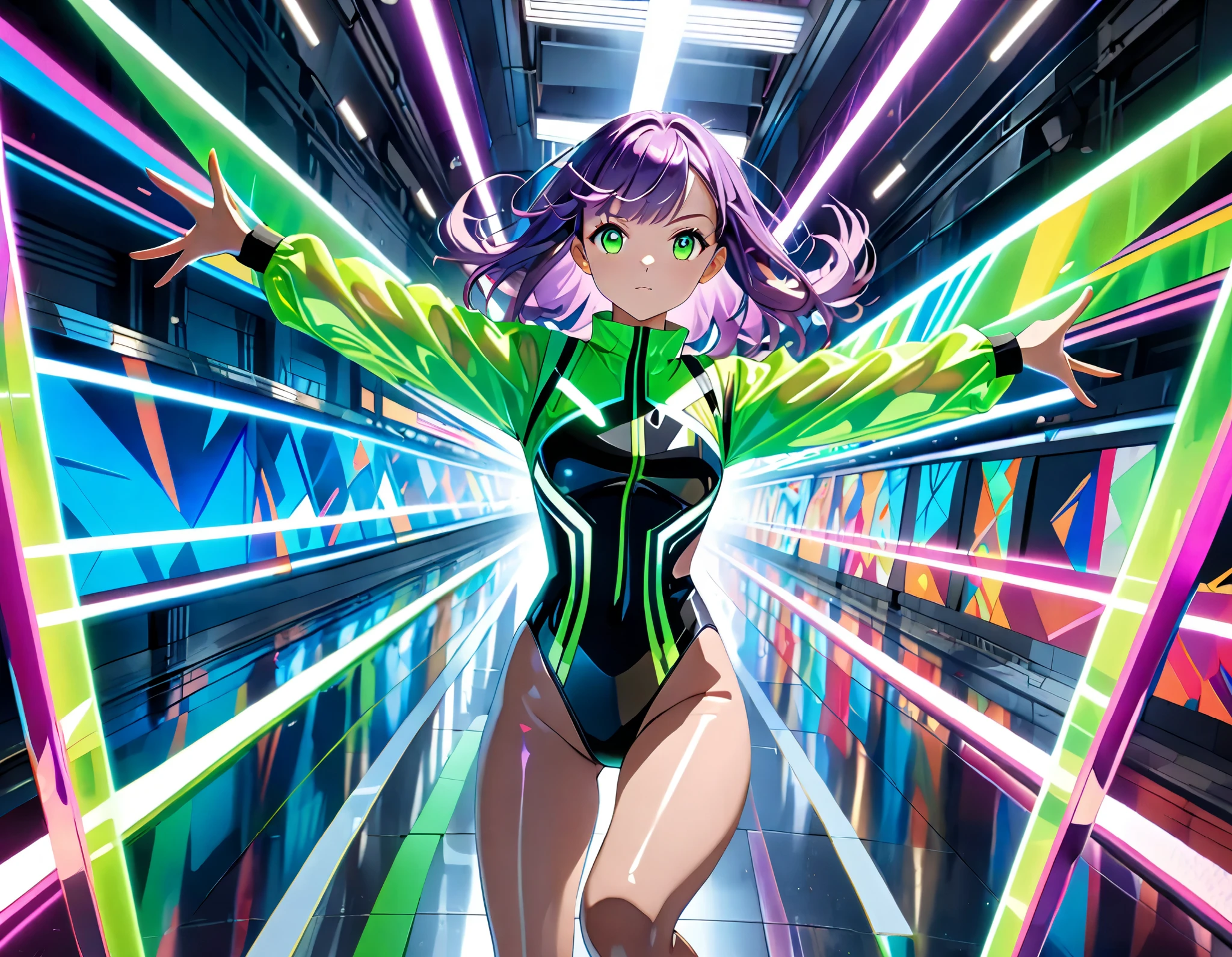 Action scenes,battle,Anime Screenshots、 Artistic anime illustration of a woman adorned with glowing neon Dragon tattoos all over her body and face。 The tattoos on his arms and legs are a mix of pink and Green runes.、It emits a neon light。 She has long, flowing hair.、、 This scene has a dreamy soft focus effect.Sword、 It emphasizes the dreamy glow of the tattoo.、front,Slashing,neon,fighting,sppining