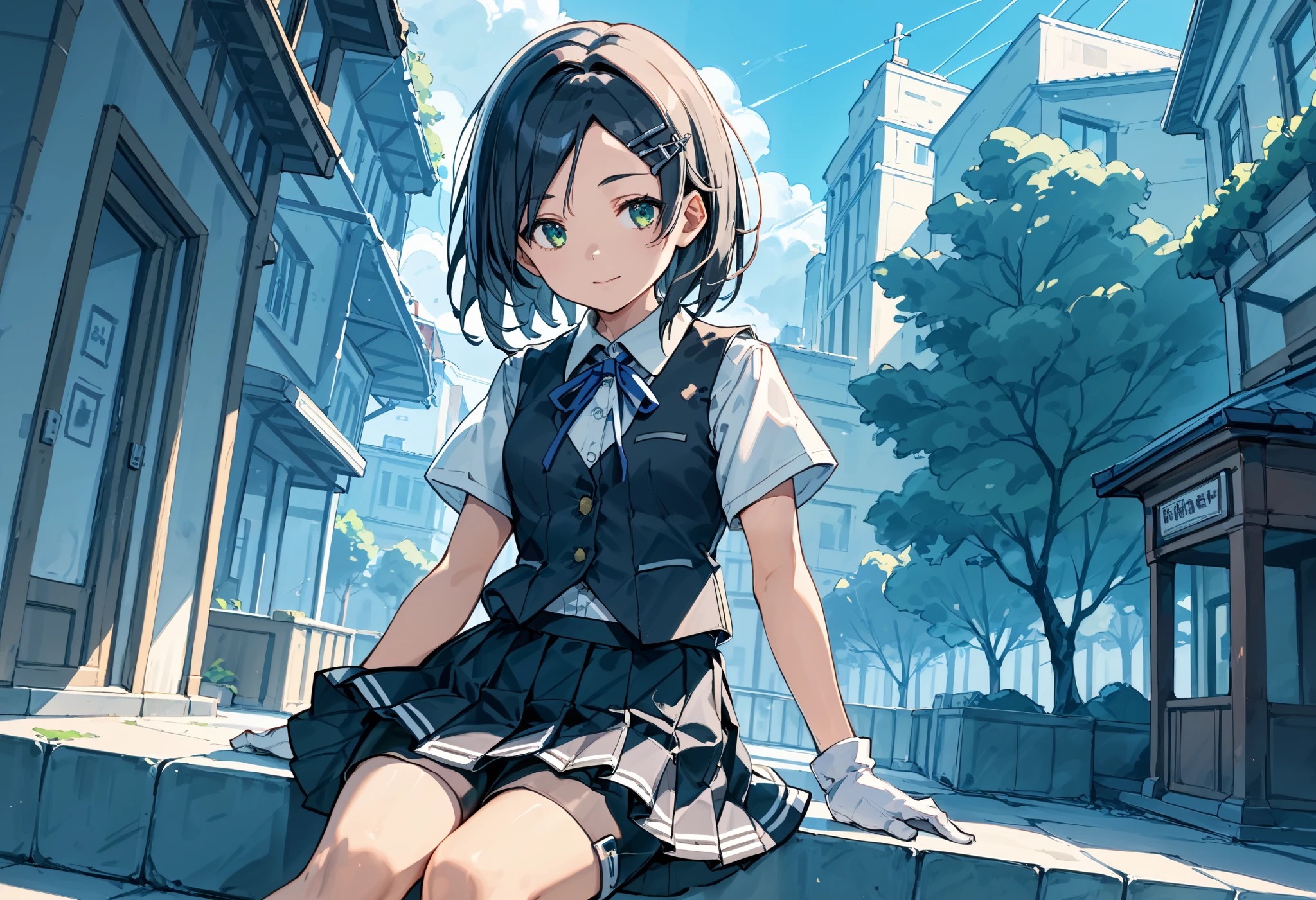 best quality , Masterpiece, high resolution, Alone, 1 girl,{kuroshio_kantaicollection:1.15}, green eyes,short hair, shirt, hair ornament, ribbon,school uniform, white shirt, short sleeves, pleated skirt, hairclip,white gloves, black skirt, medium hair,neck ribbon, black shorts, blue ribbon, black vest, shorts under skirt,