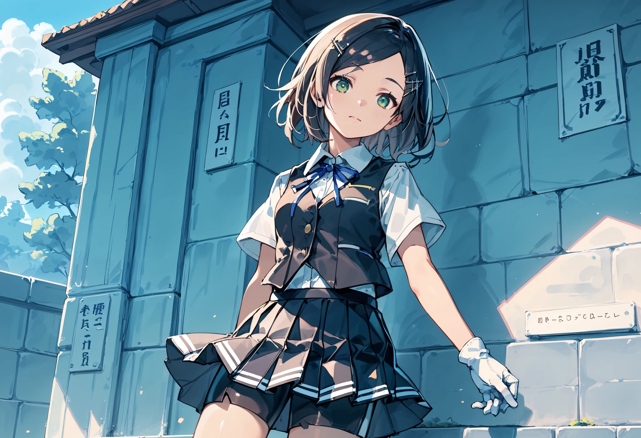 best quality , Masterpiece, high resolution, Alone, 1 girl,{kuroshio_kantaicollection:1.15}, green eyes,short hair, shirt, hair ornament, ribbon,school uniform, white shirt, short sleeves, pleated skirt, hairclip,white gloves, black skirt, medium hair,neck ribbon, black shorts, blue ribbon, black vest, shorts under skirt,
