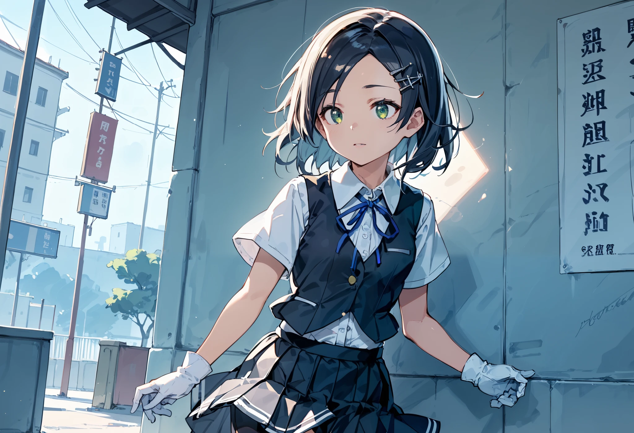 best quality , Masterpiece, high resolution, Alone, 1 girl,{kuroshio_kantaicollection:1.15}, green eyes,short hair, shirt, hair ornament, ribbon,school uniform, white shirt, short sleeves, pleated skirt, hairclip,white gloves, black skirt, medium hair,neck ribbon, black shorts, blue ribbon, black vest, shorts under skirt,
