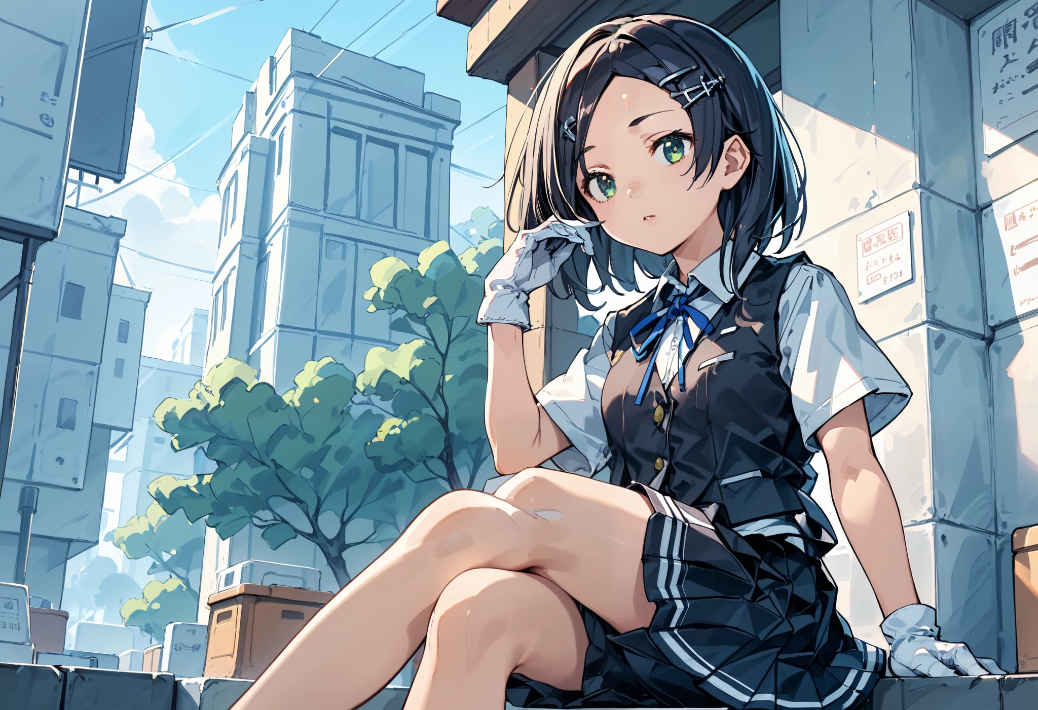 best quality , Masterpiece, high resolution, Alone, 1 girl,{kuroshio_kantaicollection:1.15}, green eyes,short hair, shirt, hair ornament, ribbon,school uniform, white shirt, short sleeves, pleated skirt, hairclip,white gloves, black skirt, medium hair,neck ribbon, black shorts, blue ribbon, black vest, shorts under skirt,