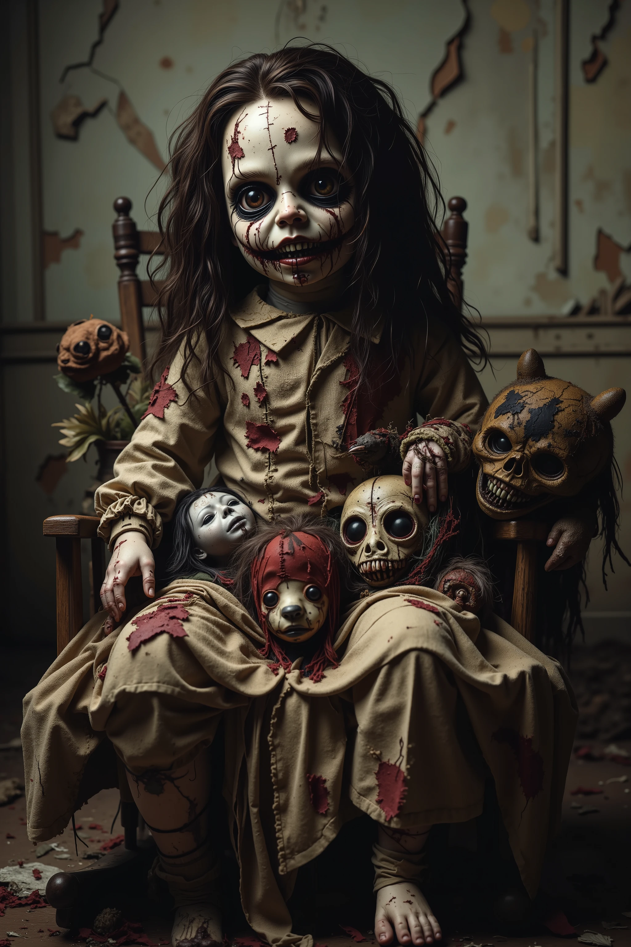 Lost in a sea of dispair and agony, a filthy disheveled morbid doll sits in a rocking chair in an old dirty bedroom with walls falling apart. Patches of dark hair on it's head it is made of torn, filth stained fabric, coming apart at the seams. It sits with its head in a swamp of sadness. In contrast, smaller stuffed animals try to cheer up the melancholy doll. They smile and clap their hands trying to shake the dolls empty stare. Startling scene. Horrific evil doll with devil eyes. A sad scene, with a touch of hope in sight. Macabre. Demonic, creepy doll. Iconic images. Depressing scenes. Photo-realistic, ultra-detailed, realism, portrait photography,cinematic portrait, cinematic photography, UHDR, full focus, highest quality, cinematic lighting, attention to detail,optical illusions, unique, cinematography, best quality, masterpiece.