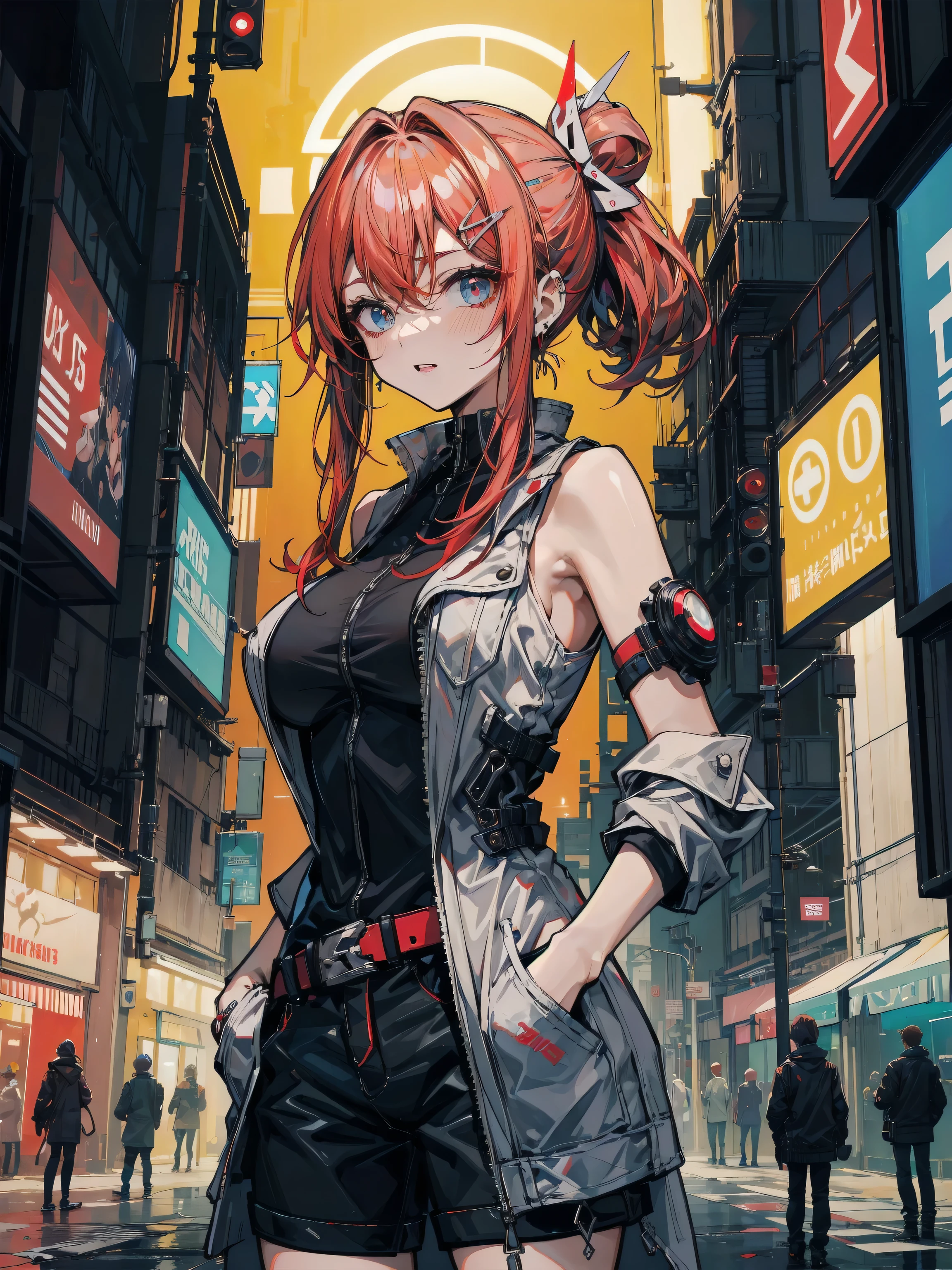 zero two \(darling in franxx\), darling in franxx, 1girl, bangs, bite, shadow, long hair, small breasts, black bodysuit, coat, green eyes, makeup, pair of small red horns, pink hair, red eyeshadow, soil, sunshine, city