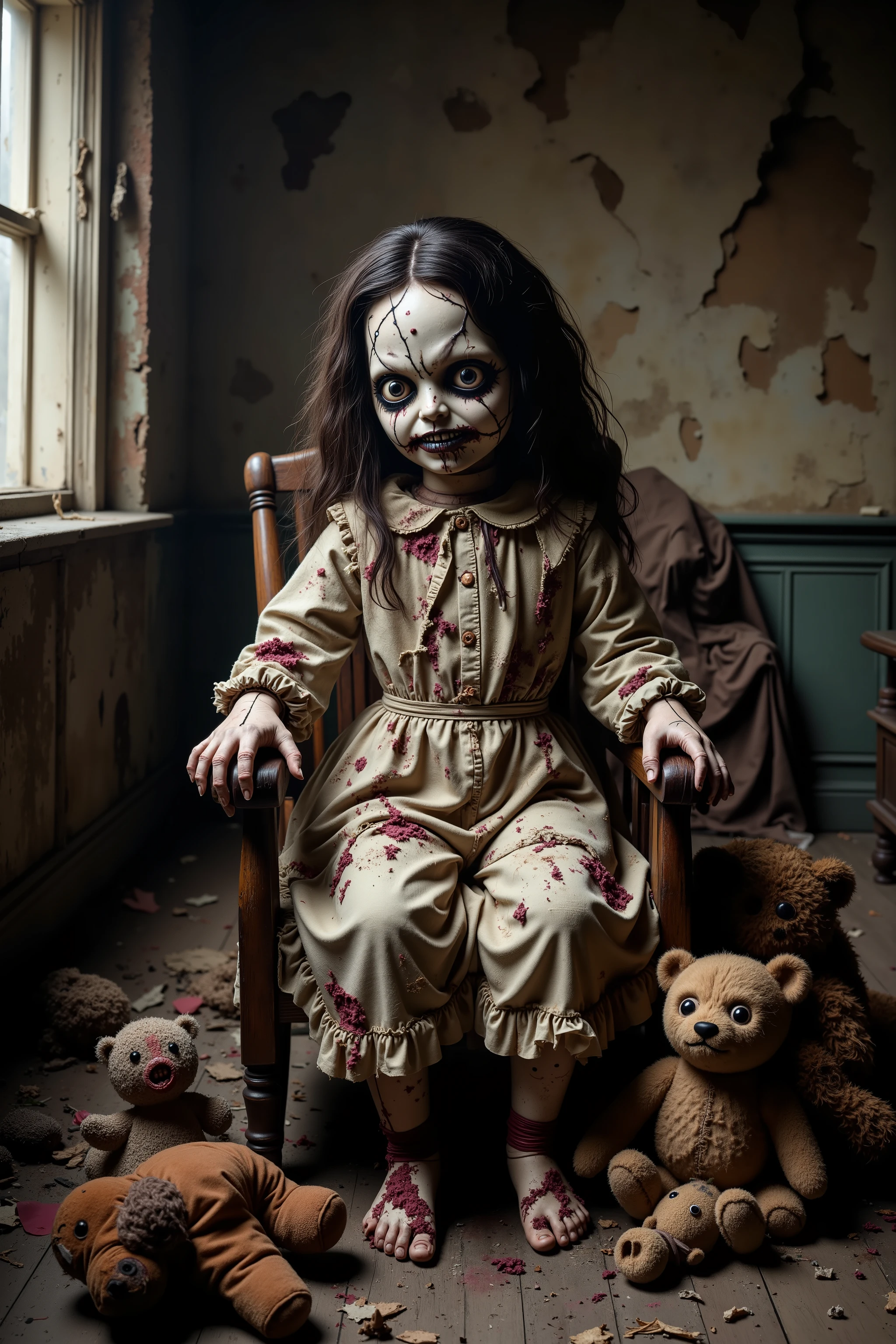 Lost in a sea of dispair and agony, a filthy disheveled morbid doll sits in a rocking chair in an old dirty bedroom with walls falling apart. Patches of dark hair on it's head it is made of torn, filth stained fabric, coming apart at the seams. It sits with its head in a swamp of sadness. In contrast, smaller stuffed animals try to cheer up the melancholy doll. They smile and clap their hands trying to shake the dolls empty stare. Startling scene. Horrific evil doll with devil eyes. A sad scene, with a touch of hope in sight. Macabre. Demonic, creepy doll. Iconic images. Depressing scenes. Photo-realistic, ultra-detailed, realism, portrait photography,cinematic portrait, cinematic photography, UHDR, full focus, highest quality, cinematic lighting, attention to detail,optical illusions, unique, cinematography, best quality, masterpiece.