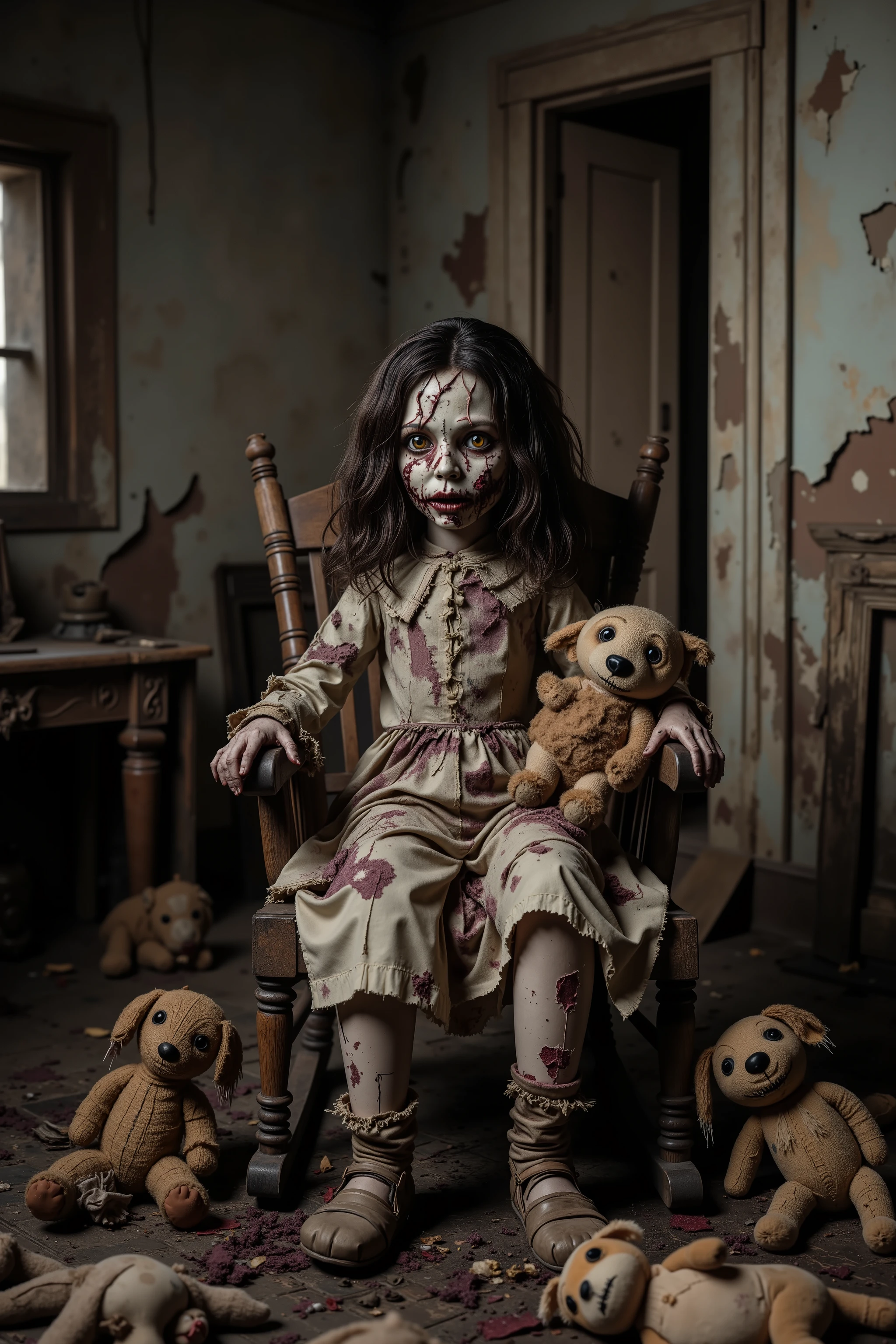 Lost in a sea of dispair and agony, a filthy disheveled morbid doll sits in a rocking chair in an old dirty bedroom with walls falling apart. Patches of dark hair on it's head it is made of torn, filth stained fabric, coming apart at the seams. It sits with its head in a swamp of sadness. In contrast, smaller stuffed animals try to cheer up the melancholy doll. They smile and clap their hands trying to shake the dolls empty stare. Startling scene. Horrific evil doll with devil eyes. A sad scene, with a touch of hope in sight. Macabre. Demonic, creepy doll. Iconic images. Depressing scenes. Photo-realistic, ultra-detailed, realism, portrait photography,cinematic portrait, cinematic photography, UHDR, full focus, highest quality, cinematic lighting, attention to detail,optical illusions, unique, cinematography, best quality, masterpiece.