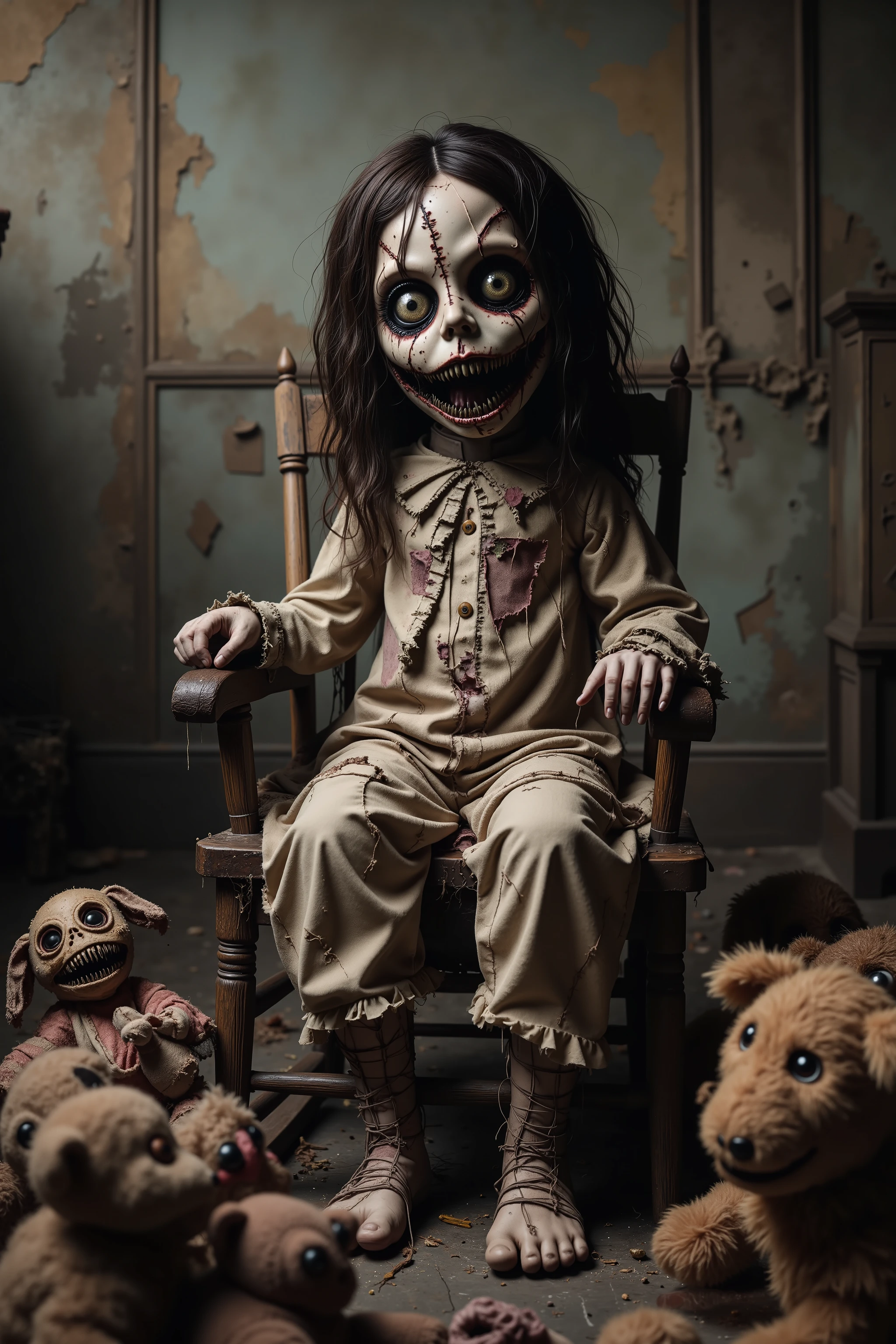 Lost in a sea of dispair and agony, a filthy disheveled morbid doll sits in a rocking chair in an old dirty bedroom with walls falling apart. Patches of dark hair on it's head it is made of torn, filth stained fabric, coming apart at the seams. It sits with its head in a swamp of sadness. In contrast, smaller stuffed animals try to cheer up the melancholy doll. They smile and clap their hands trying to shake the dolls empty stare. Startling scene. Horrific evil doll with devil eyes. A sad scene, with a touch of hope in sight. Macabre. Demonic, creepy doll. Iconic images. Depressing scenes. Photo-realistic, ultra-detailed, realism, portrait photography,cinematic portrait, cinematic photography, UHDR, full focus, highest quality, cinematic lighting, attention to detail,optical illusions, unique, cinematography, best quality, masterpiece.